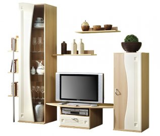Obývací sestava TV skříňka malá, závěsná skříňka, police - imitace dřeva a bílá barva | Kvalitní a levný nábytek z outletu, bazar nábytku | Euronábytek Praha