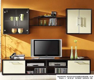 Obývací sestava - kombinace jádrový buk a bílá - vysoký lesk | Kvalitní a levný nábytek z outletu, bazar nábytku | Euronábytek Praha