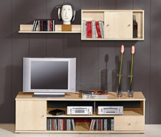 Obývací sestava TV skříňka malá, závěsná skříňka, police - imitace dřeva a bílá barva | Kvalitní a levný nábytek z outletu, bazar nábytku | Euronábytek Praha