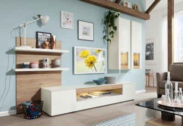 Obývací sestava - kombinace jádrový buk a bílá - vysoký lesk | Kvalitní a levný nábytek z outletu, bazar nábytku | Euronábytek Praha
